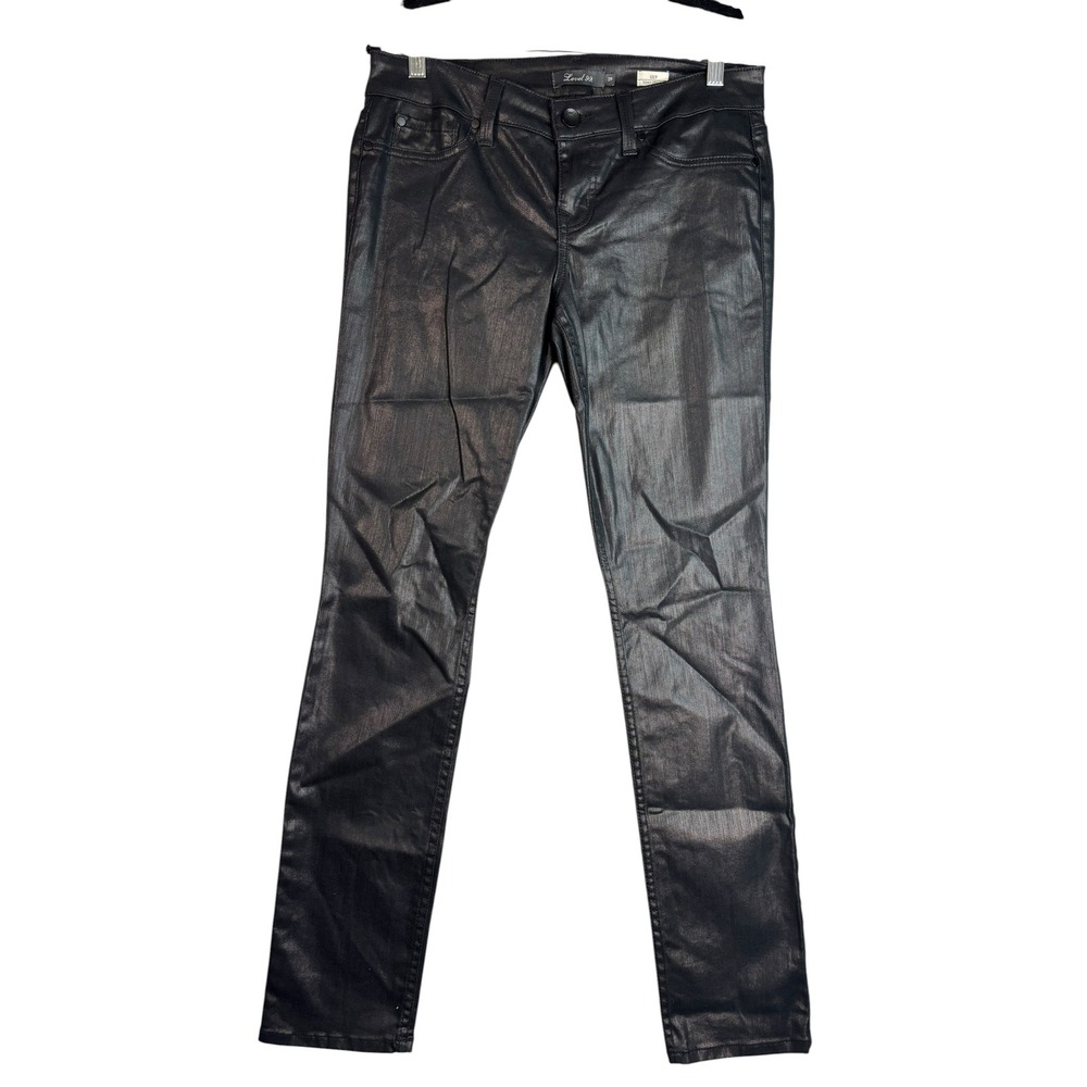 Level 99 Lily Skinny Straight Coated Black Jeans Metallic Waxed Denim Size 29